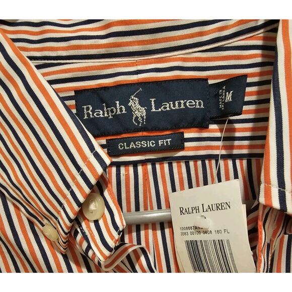 Ralph Lauren Custom Fit Button Down Shirt Mens Blue Orange Striped Pony Logo NWT - Picture 4 of 6